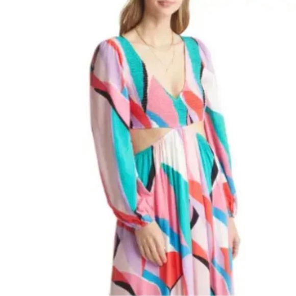 NWT VICI COLLECTION Multicolor Smocked Cutout Long Sleeve Maxi Dress - Picture 1 of 4